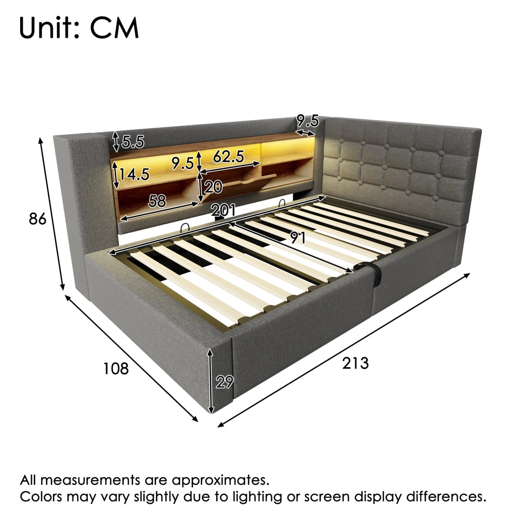 Letto singolo imbottito 90x200 cm con LED; vano contenitore idraulico; USB; lino grigio