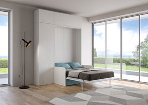 Letto Una Piazza E Mezzo A Scomparsa 120 Kentaro Con Divano E Mobili Bianco Frassino e Azzurro