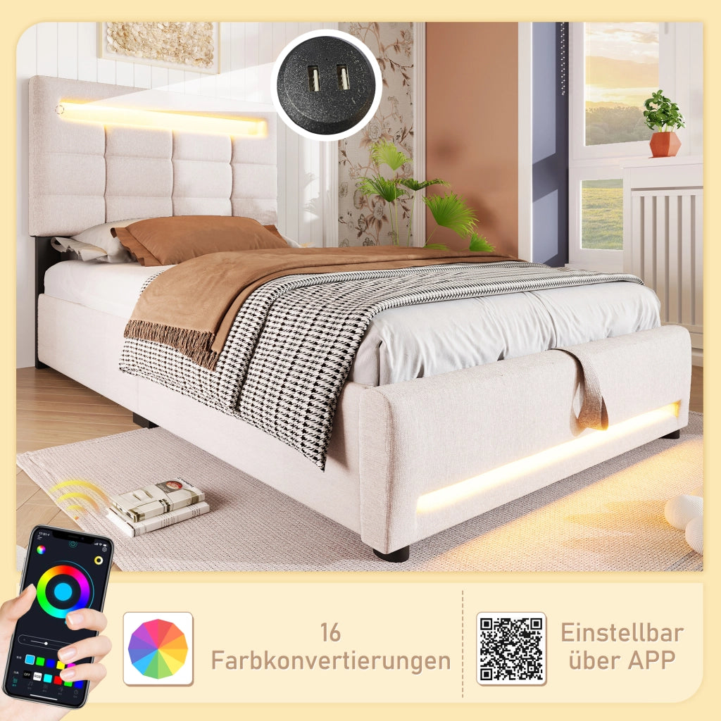 LETTO Contenitore 90x200 cm in lino Beige con APP, LED e USB