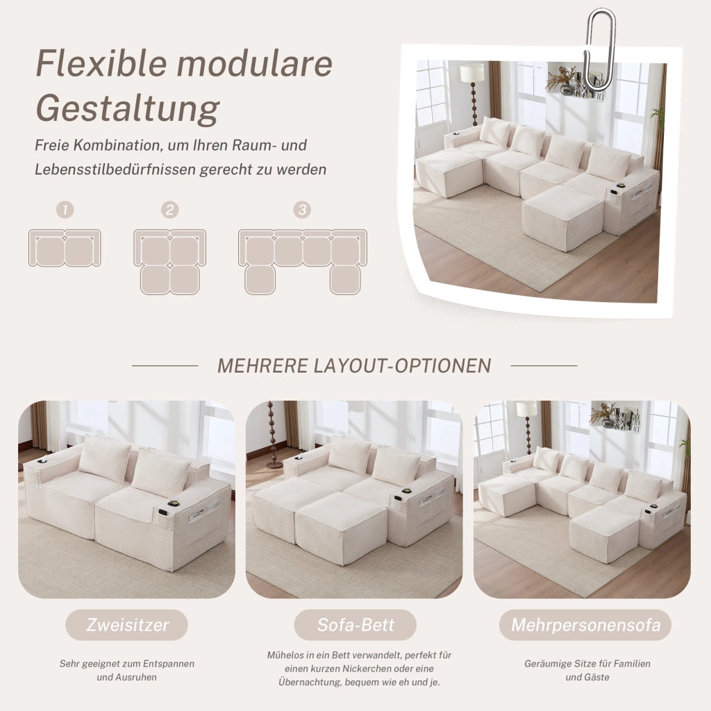Divano modulare 4 posti con portabicchieri, tasche laterali e cuscini schienale, in tessuto a coste beige
