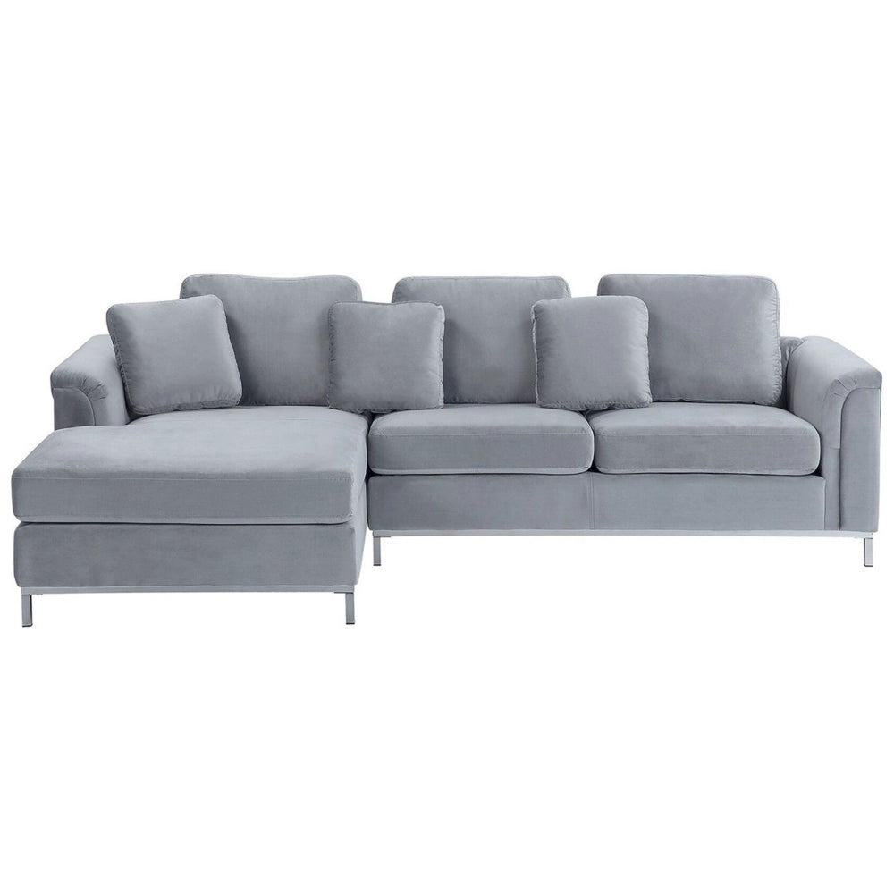 Divano ad angolo con rivestimento in velluto grigio a forma di L con orientamento a versione destra