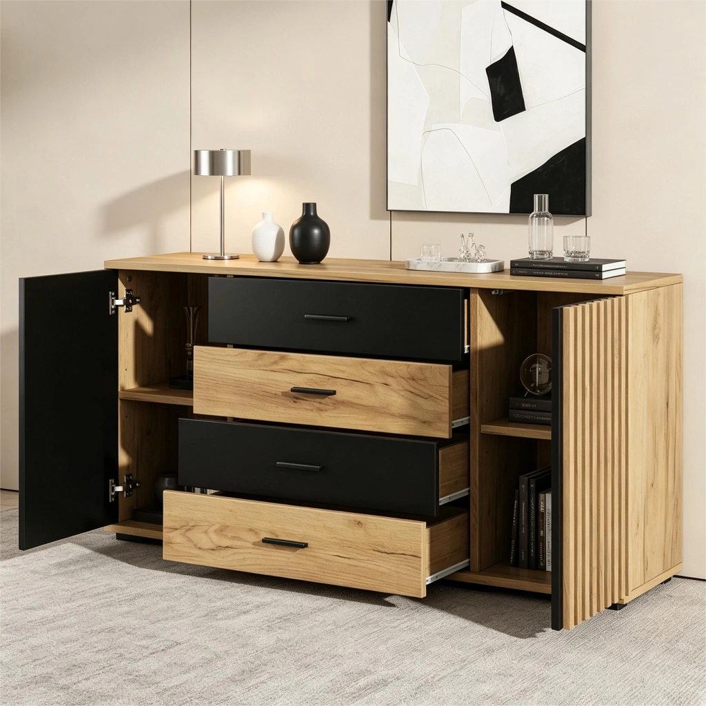 Sideboard 140×35×70 cm in MDF con 4 cassetti e 2 ante, mobile contenitore in effetto rovere nero