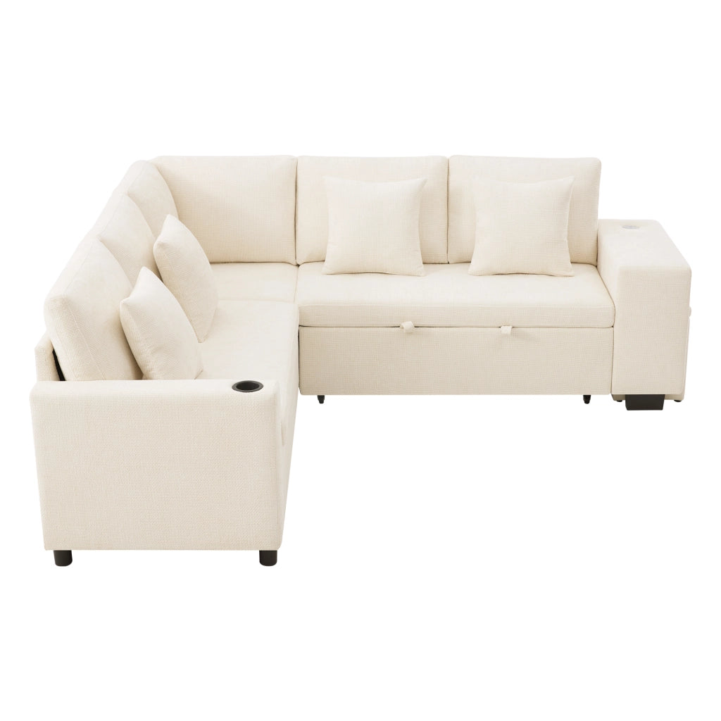 Divano Angolare Convertibile con Contenitore, Portabicchieri e USB ¨C Xylo ¨C Beige