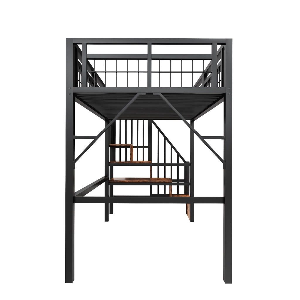 Letto a castello - Zephmum- 90x200 cm - Nero - Telaio in ferro, striscia LED, scala con contenitore