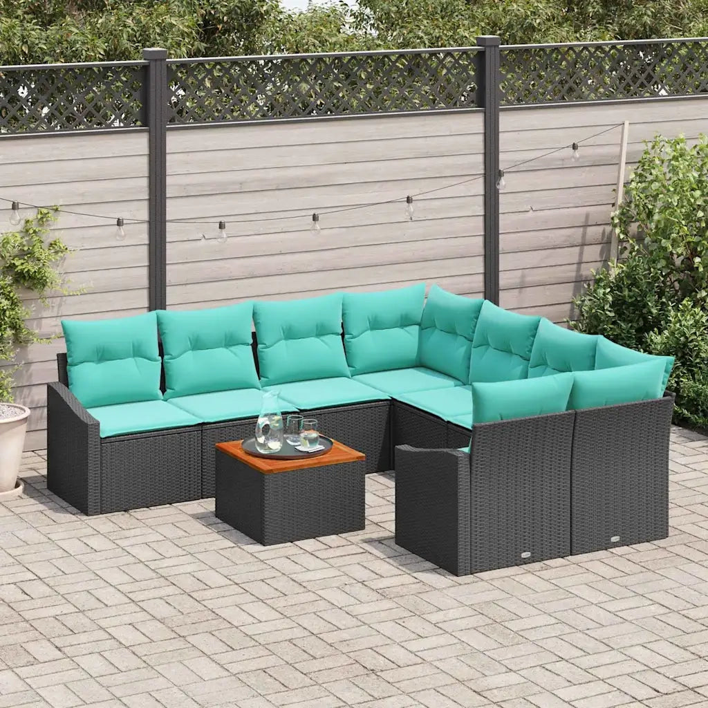 Set Divano da Giardino con cuscino 9 pcs Nero polyrattan