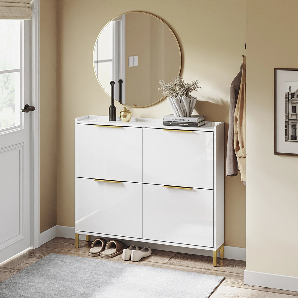 SoBuy FSR206-GW Scarpiera Salvaspazio Slim Ingresso - Mobile Scarpiera Bianca con 4 Ante a Ribalta, Profondità 19 cm, Design Nordico con Finitura Lucida e Maniglie Dorate, 100x19x90cm