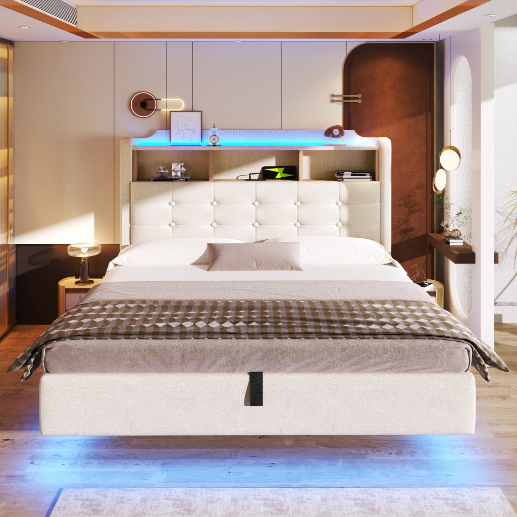 OKWISH Letto Contenitore 140×200 cm, Letto Matrimoniale con LED Regolabile, USB, Tipo C e Vano Idraulico, senza Materasso, in Lino Beige