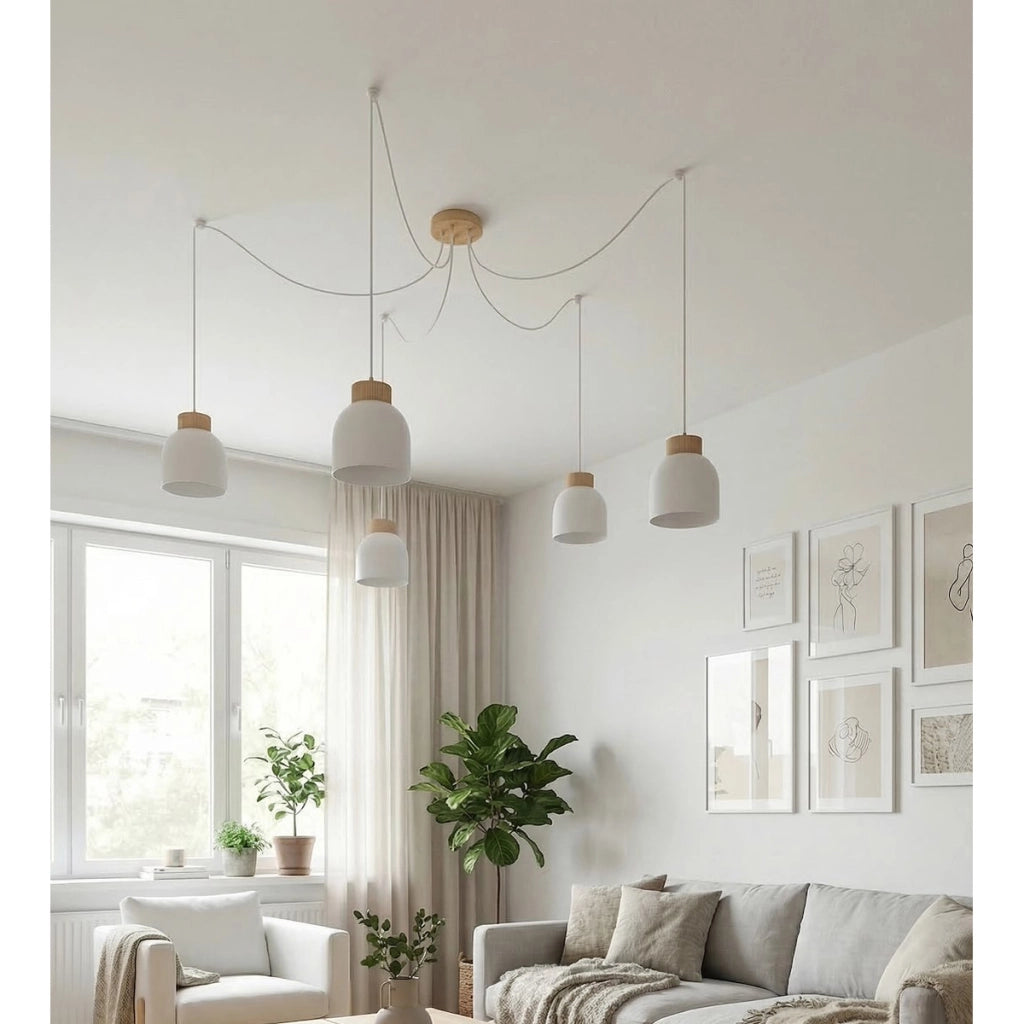Lampada a sospensione KRU in acciaio bianco opaco e legno