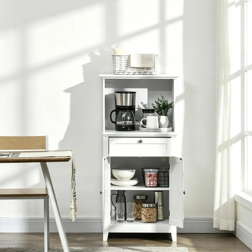Credenza microonde bianca con vano aperto, cassetto e mobile chiuso in MDF