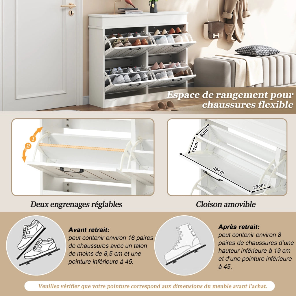 Scarpiera con 4 ante a ribalta e 8 ripiani regolabili; per ingresso e corridoio; in MDF; bianco; 105 × 24 × 83 cm