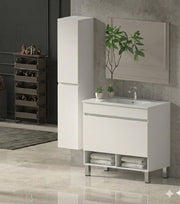 Mobile Bagno NEBARI com gambe Già Montato 1 cassetto, lavabo e specchio Bianco lucido 80x40 cm con colonna