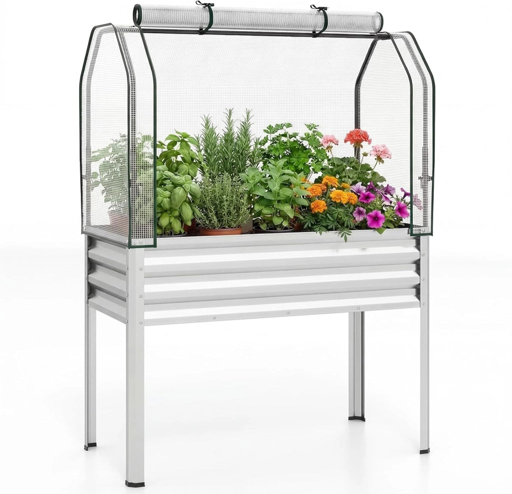 Orto Rialzato da Esterno con Serra, Fioriera Rialzata con Copertura in PE, Porta Avvolgibile con Cerniera e Guanti, Aiuola Rialzata per Verdure, Fiori e Frutta, 112 x 55 x 152 cm (Argento)