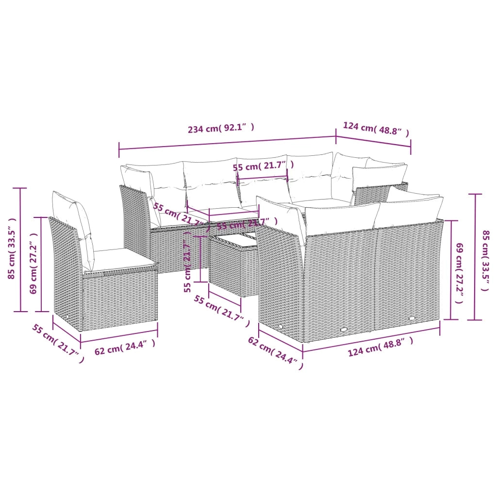 Set Divano da Giardino 9pz con Cuscini Grigio Chiaro Polyrattan