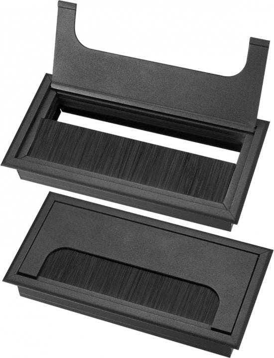 Cassetto per cavi - Organizzatore cavi - Scatola per cavi ufficio - 2 pezzi - 16 x 8 cm - Alluminio - Rettilineo - Cassa cavi con chiusura a setola - Protezione cavi - Chiusura a setola