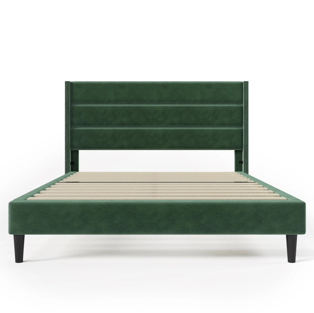 Letto imbottito 140x200 cm con rete a doghe e materasso H3 in velluto verde scuro
