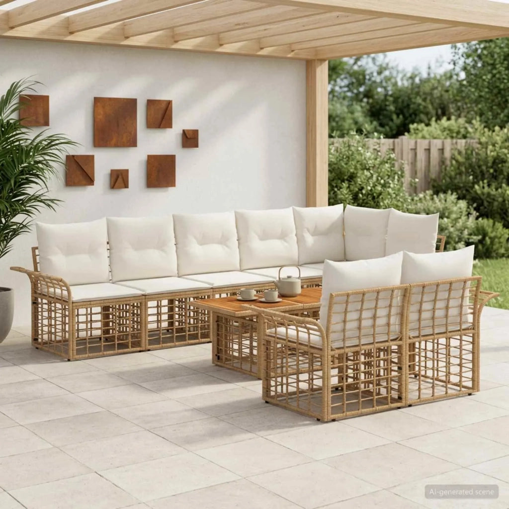 Set Divano da Giardino 9 pz Naturale e Bianco Crema polyrattan 3437998