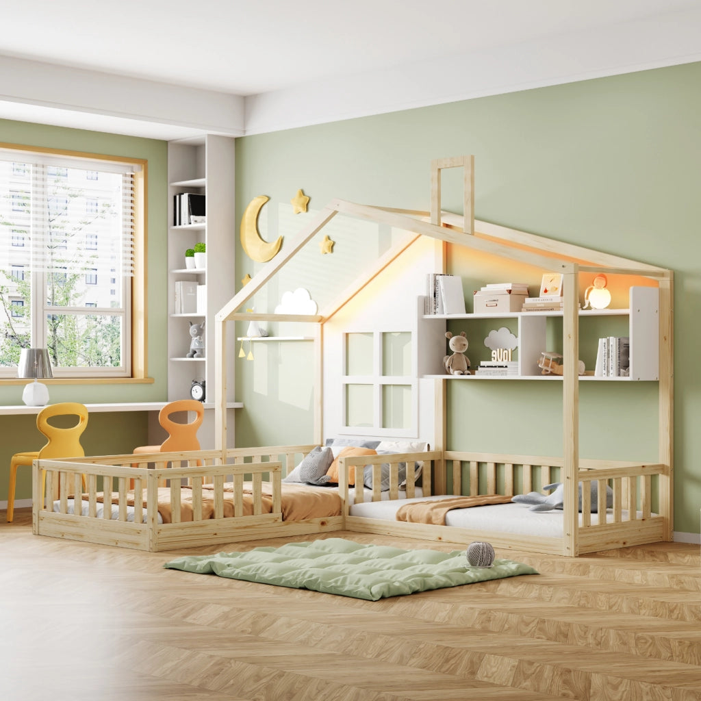 DESMIU Letto Bambino Singolo con Sponde, Mensole e LED, 90 × 200 cm e 140 × 70 cm, Senza Materasso