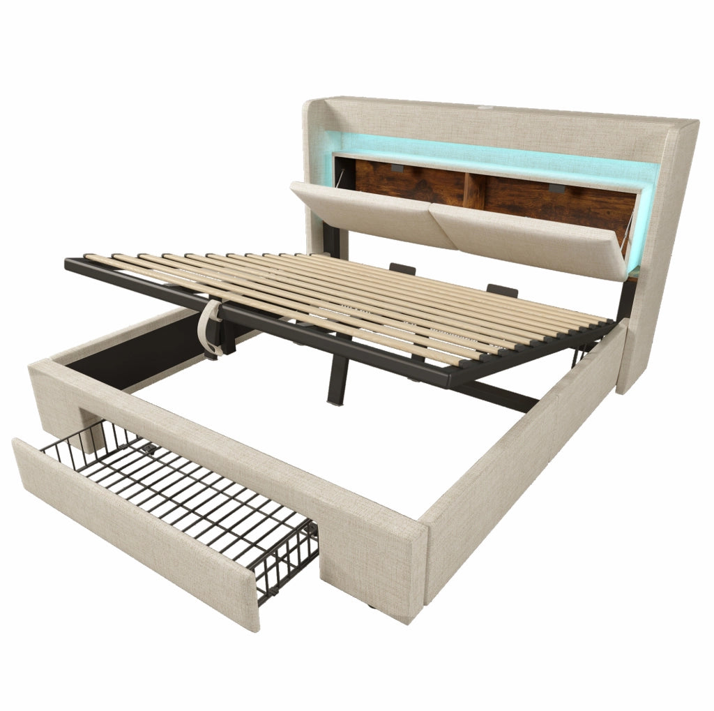 Letto imbottito 180 × 200 cm con contenitore idraulico; LED; USB e USB-C; lino beige