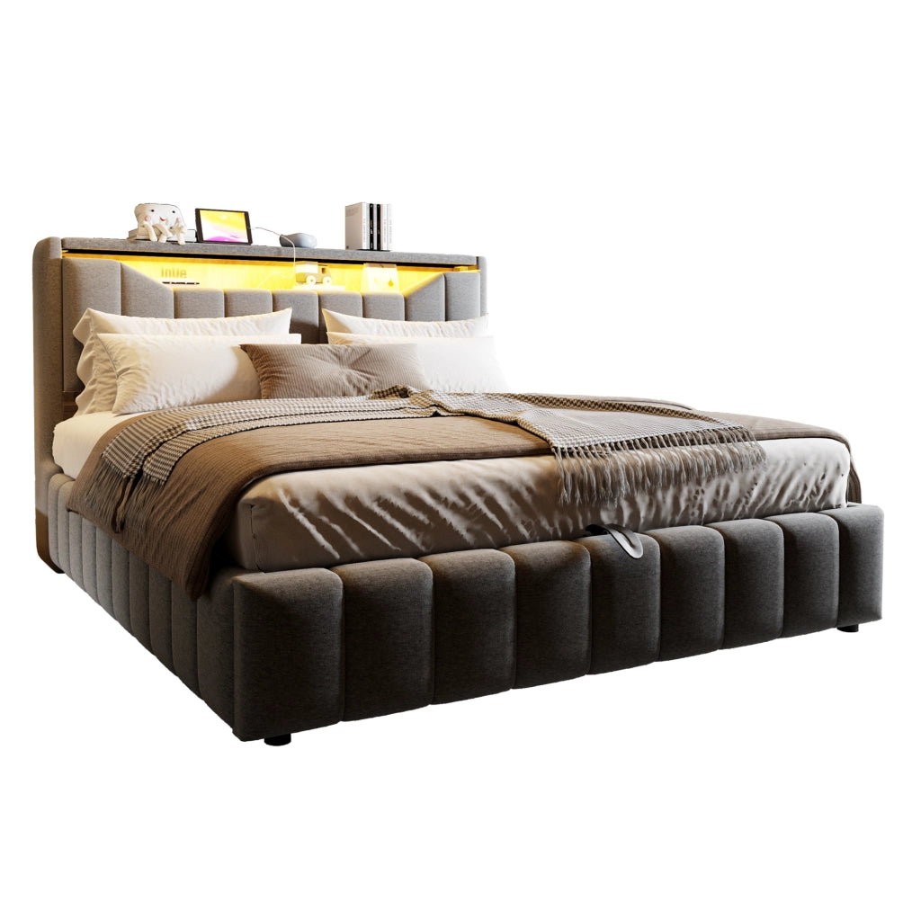 Letto matrimoniale contenitore 180x200 cm imbottito grigio con LED; USB e USB-C HOMVRA