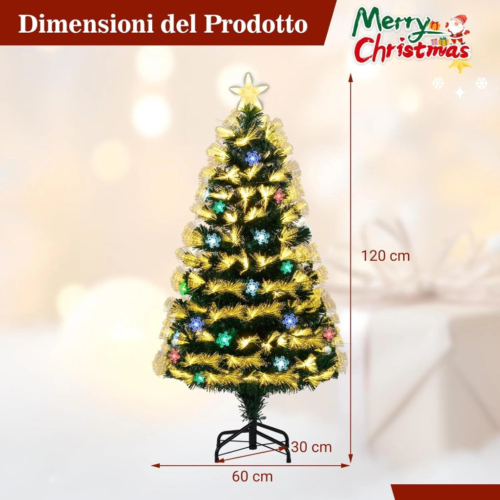 Albero di Natale con Luci in Fibra Ottica 120/150 cm, Albero di Natale Preilluminato con 8 Modalità di Illuminazione, 130/170 Rami, 14/20 Fiocchi di Neve, Puntale a Stella e Base (120 cm)