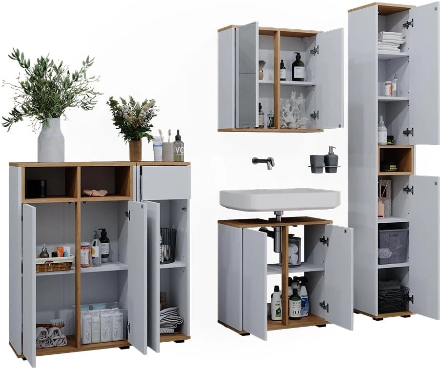 Set mobili bagno Didi, Bianco/Artisan, 60 cm, composto da set con armadietto a specchio, base lavabo, 2 pensili medi e colonna