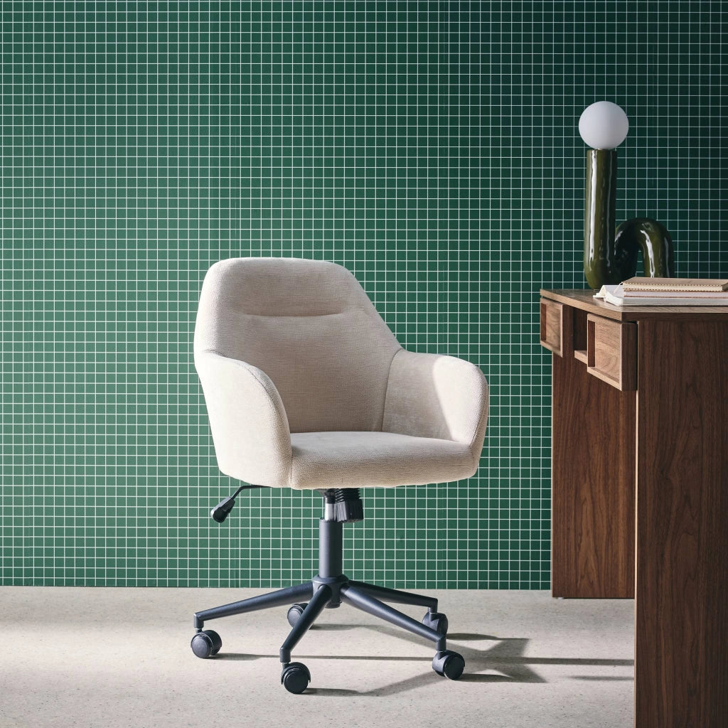 Sedia da ufficio con ruote regolabile in metallo e tessuto, beige