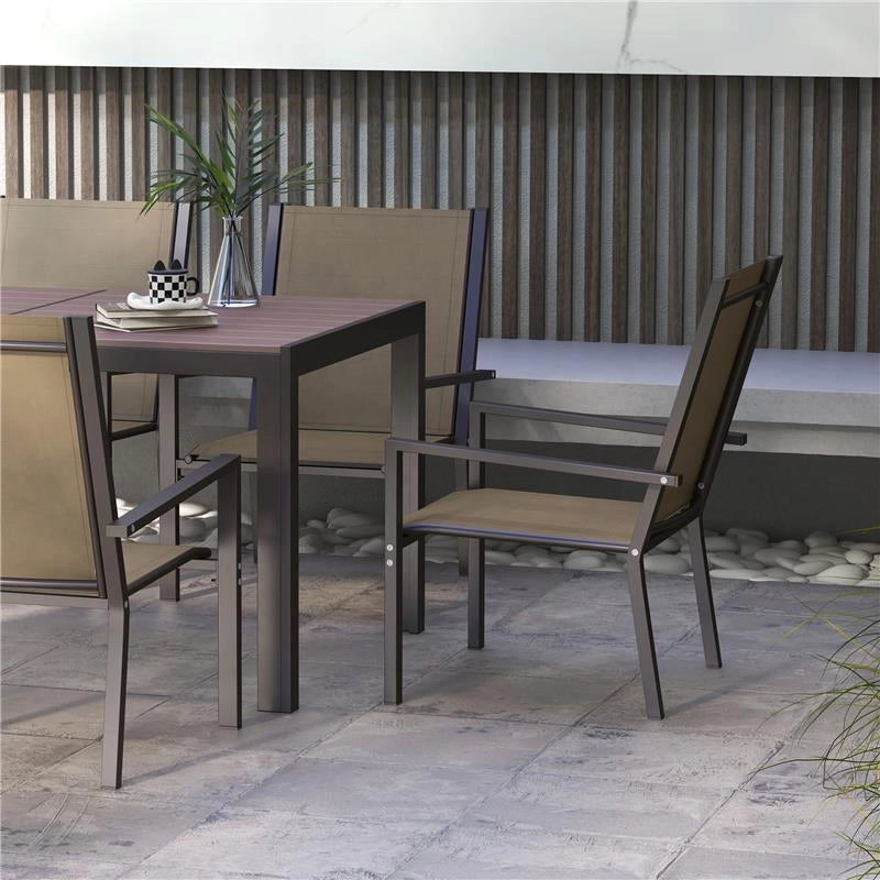 SET DA GIARDINO 7 PEZZI IN PLASTICA CON 6 SEDIE IMPILABILI E TAVOLO RETTANGOLARE, KAKI E MARRONE
