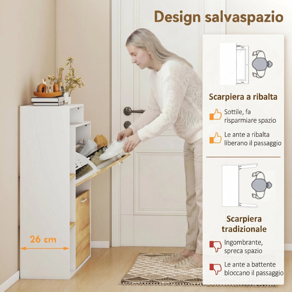 Mobile Portascarpe con 2 cassetti ribaltabili e ripiani. Bianco e Legno Naturale.