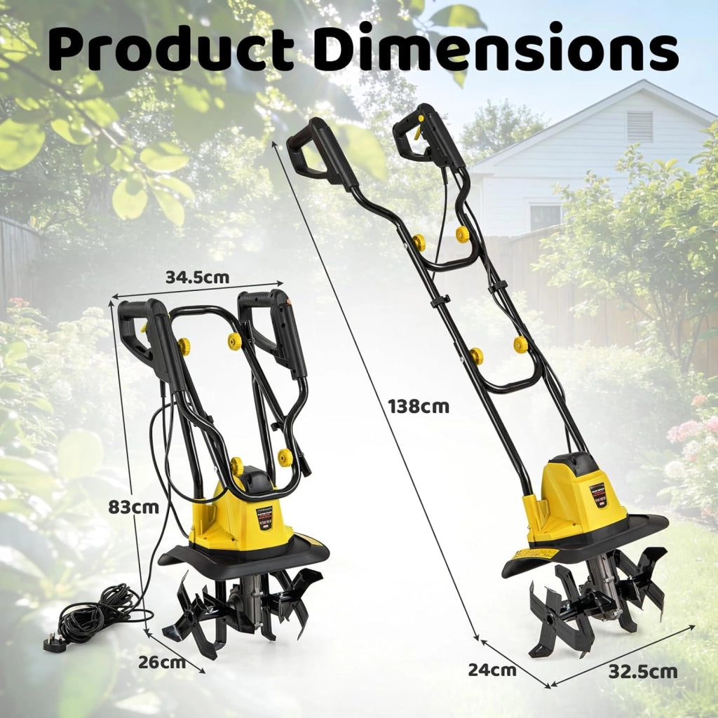 Motozappa Elettrica Pieghevole 750W, Larghezza di Lavoro 32 cm Profondità di Lavoro 22 cm, 4 Lame, Zappatrice Elettrica per Orto e Giardino (Giallo, 32 x 24 x 138 cm)