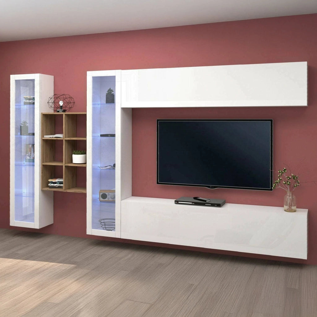 Mobile Soggiorno Alezio, Parete Attrezzata 18 Ripiani Made in Italy, 280x30x180h cm Bianco Lucido