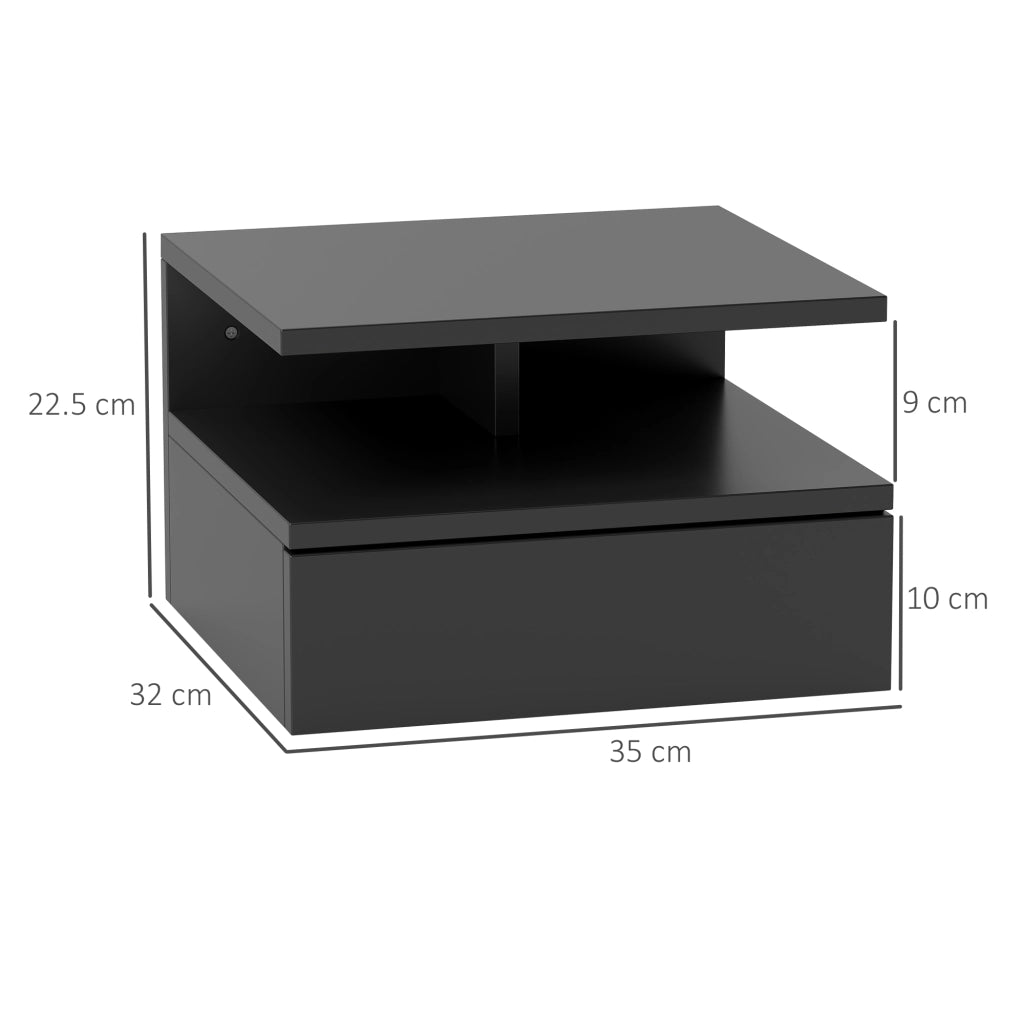 Comodino Sospeso in Legno con Cassetto e Mensola ¨C Zephmum ¨C Nero 35x32x22.5cm