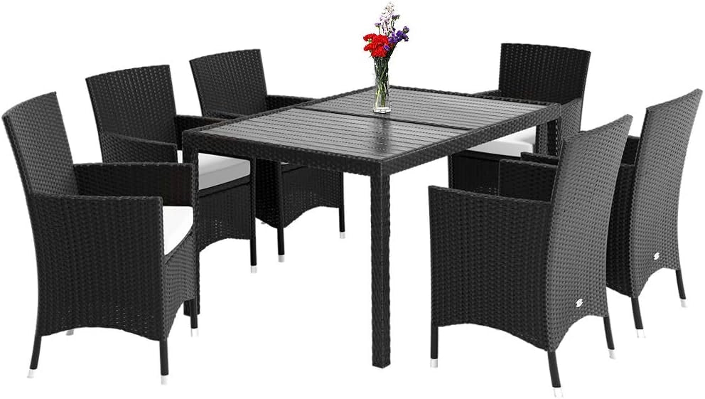 Deuba Set mobili da giardino polyrattan tavolo 6 sedie impilabili pranzo balcone Tavolo e sedie terrazzo patio esterno