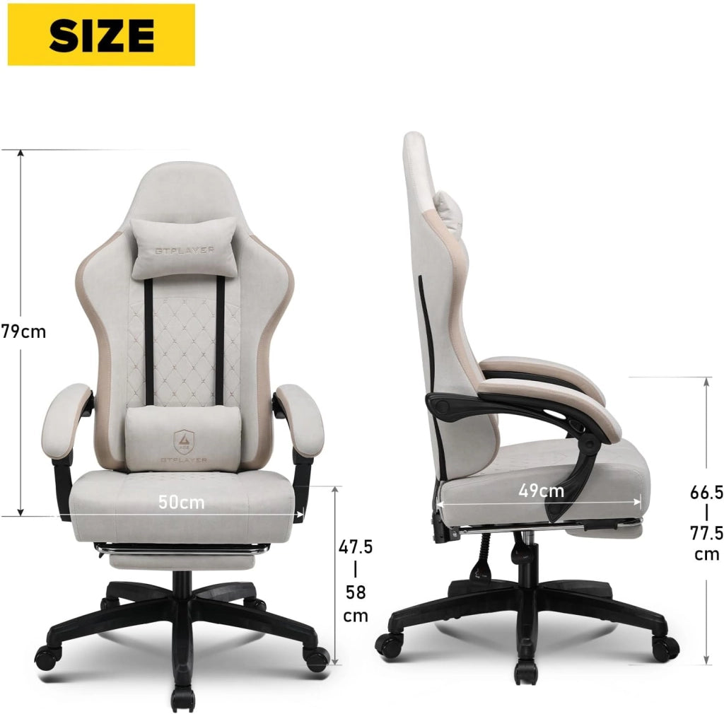 Sedia da gaming, ergonomica, da scrivania, con superficie in tessuto, cuscino a molla, braccioli di collegamento e poggiapiedi, beige-marrone