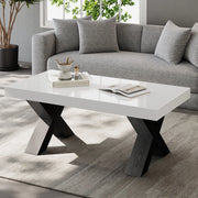 Tavolino da salotto rettangolare 100x50x40 cm, bianco lucido e nero, in MDF, design moderno con gambe X, portata 10 kg