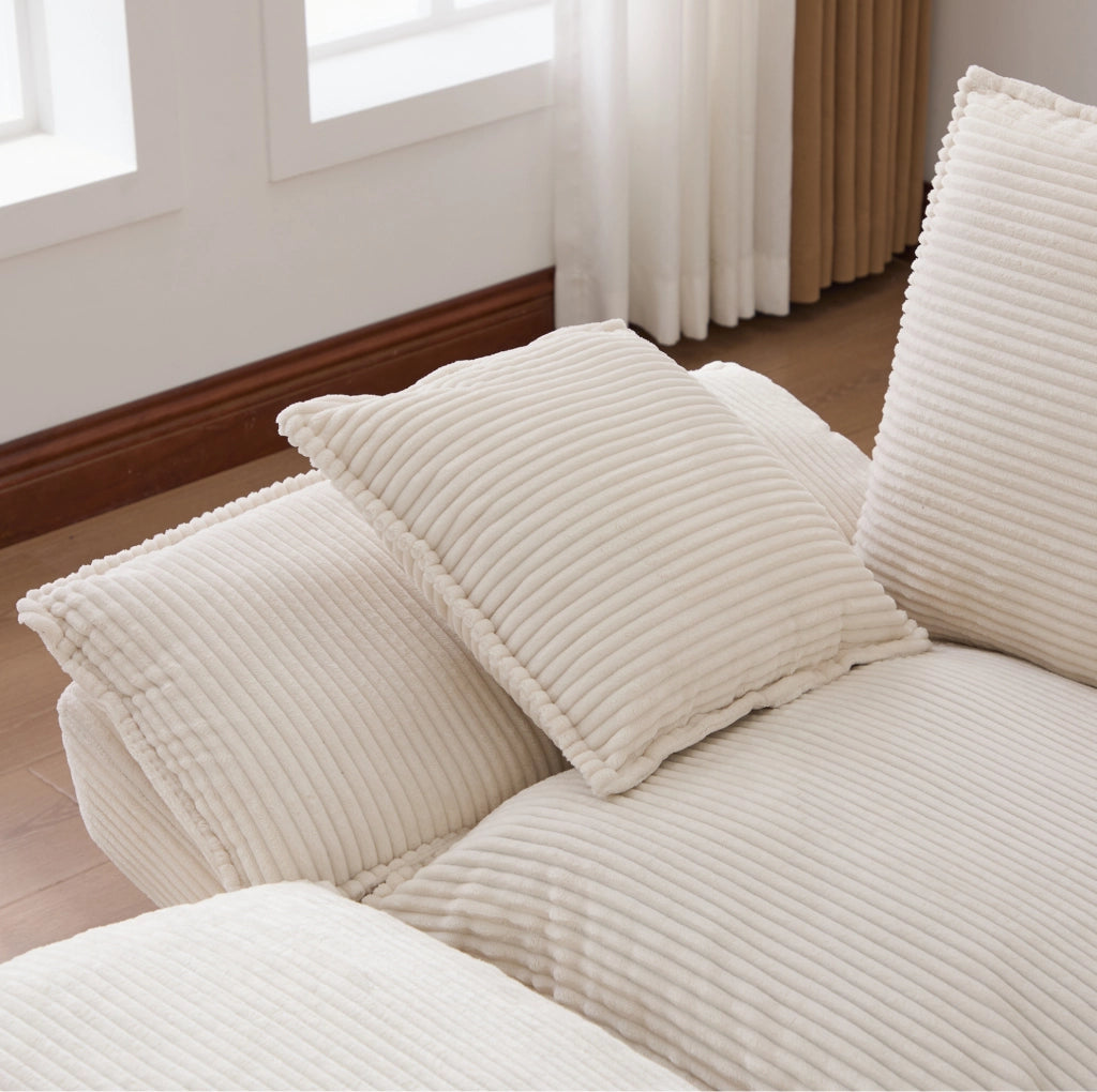 Divano 2 posti con pouf contenitore in corduroy beige; 190x132x84 cm