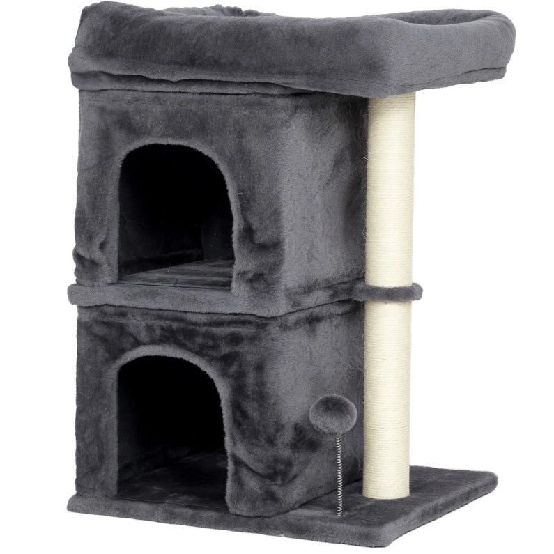 Albero tiragraffi compatto con 2 cucce e pallina, grigio scuro
