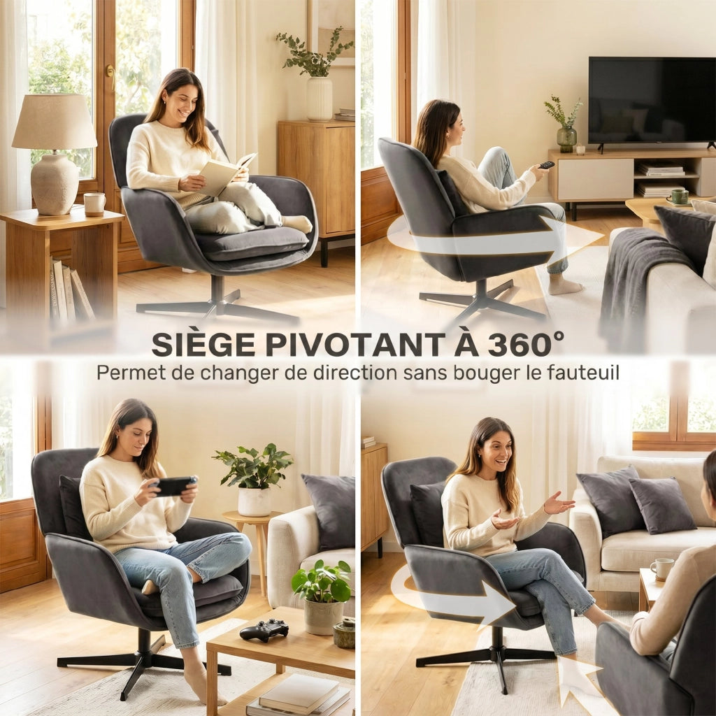 Poltrona imbottita in velluto con struttura in metallo e cuscino ¨C zephmum ¨C grigio scuro
