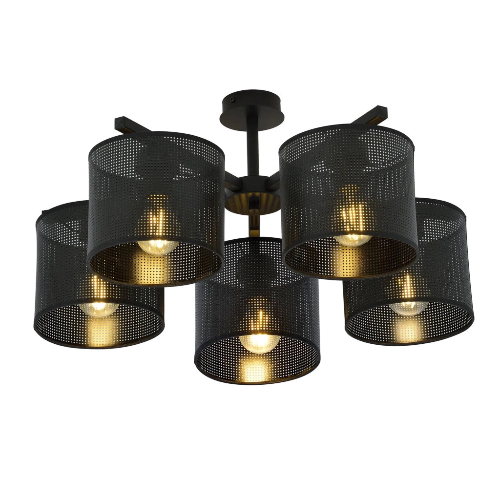 Plafoniera Industrial 5 Luci Cigno In Acciaio Nero E Paralumi A Cilindro