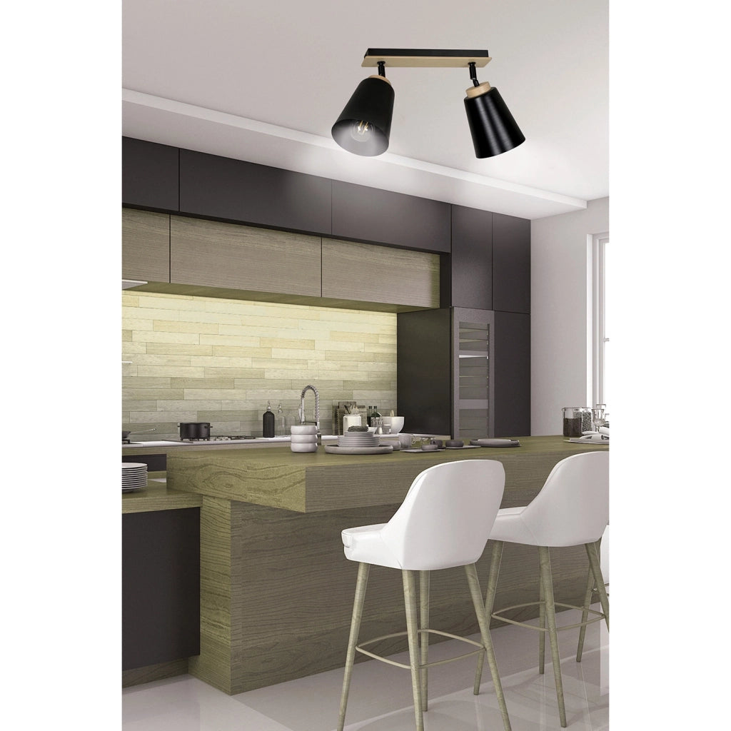 Plafoniera Faretti Spot Orientabili 2 Luci Xiwangmu Acciaio Nero E Legno Naturale
