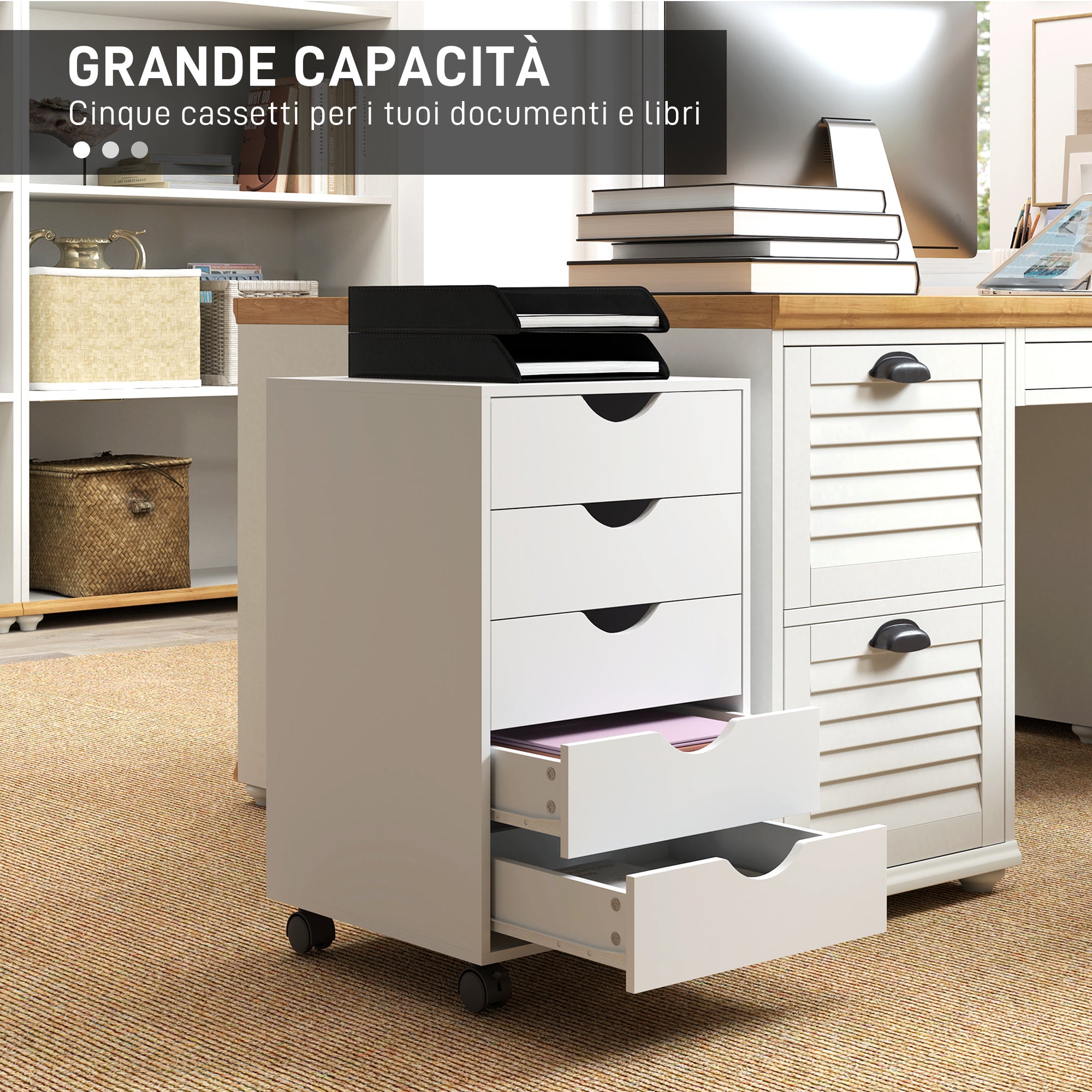 Cassettiera da Ufficio a 5 Cassetti 40x40x67 cm con Ruote Girevoli con Freni Bianco