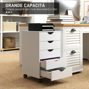 Cassettiera da Ufficio a 5 Cassetti 40x40x67 cm con Ruote Girevoli con Freni Bianco
