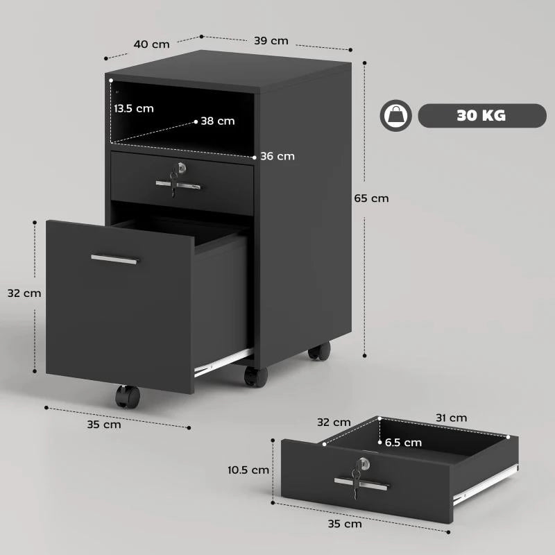 CASSETTIERA DA UFFICIO PORTADOCUMENTI IN LEGNO CON 2 CASSETTI E RIPIANO APERTO, 39X40X65 CM, NERO