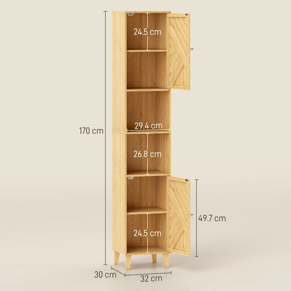 Mobile Colonna Bagno con 2 Armadietti e 2 Ripiani con Scaffale Regolabile. in Bamb¨´ e Truciolato. 32x30x170 cm