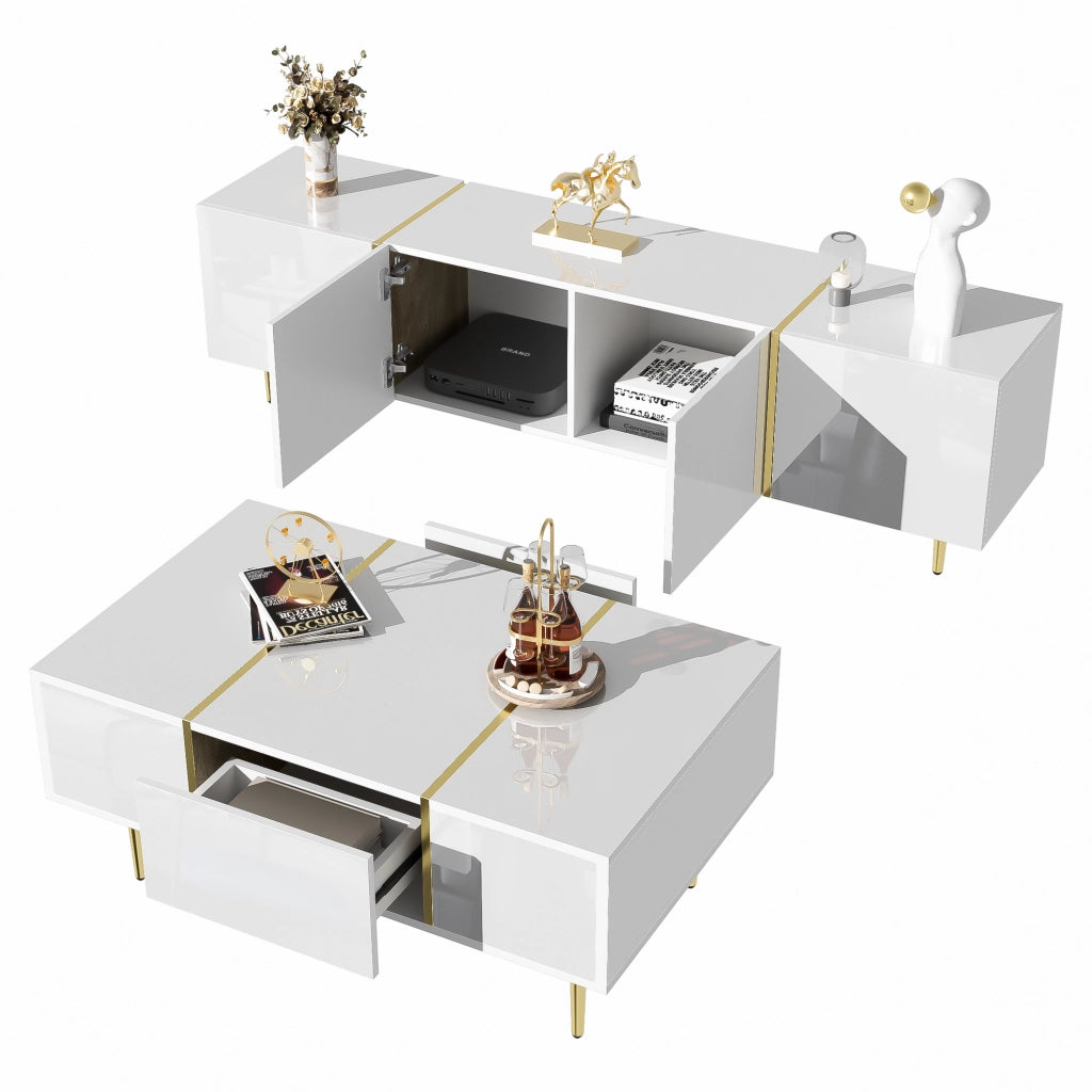 OKWISH Set di 2 Mobili da Soggiorno, Mobile TV e Tavolino con Ante e Cassetti, MDF Bianco Lucido