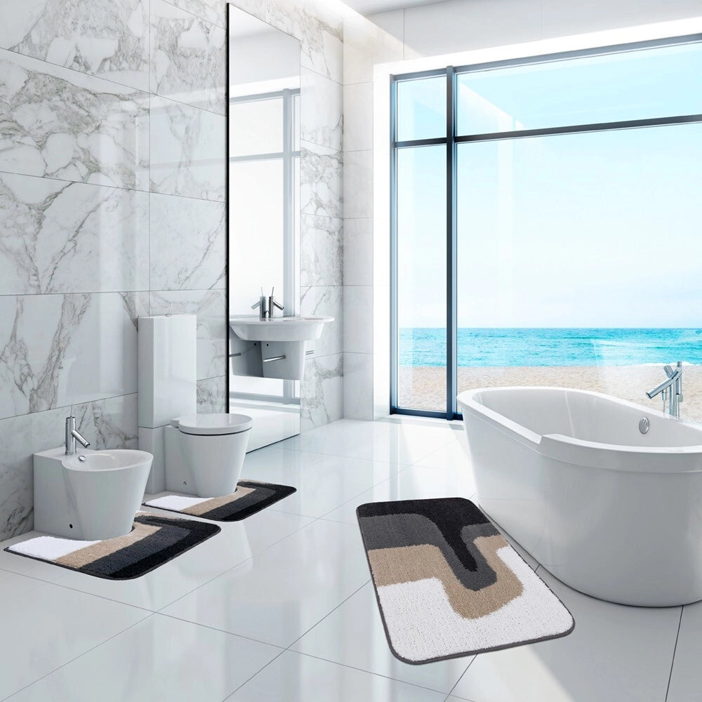 Tappeto Bagno Scendiletto Pelo Raso Morbido Assorbente Antiscivolo Lavabile Set 3 Pezzi Grigio