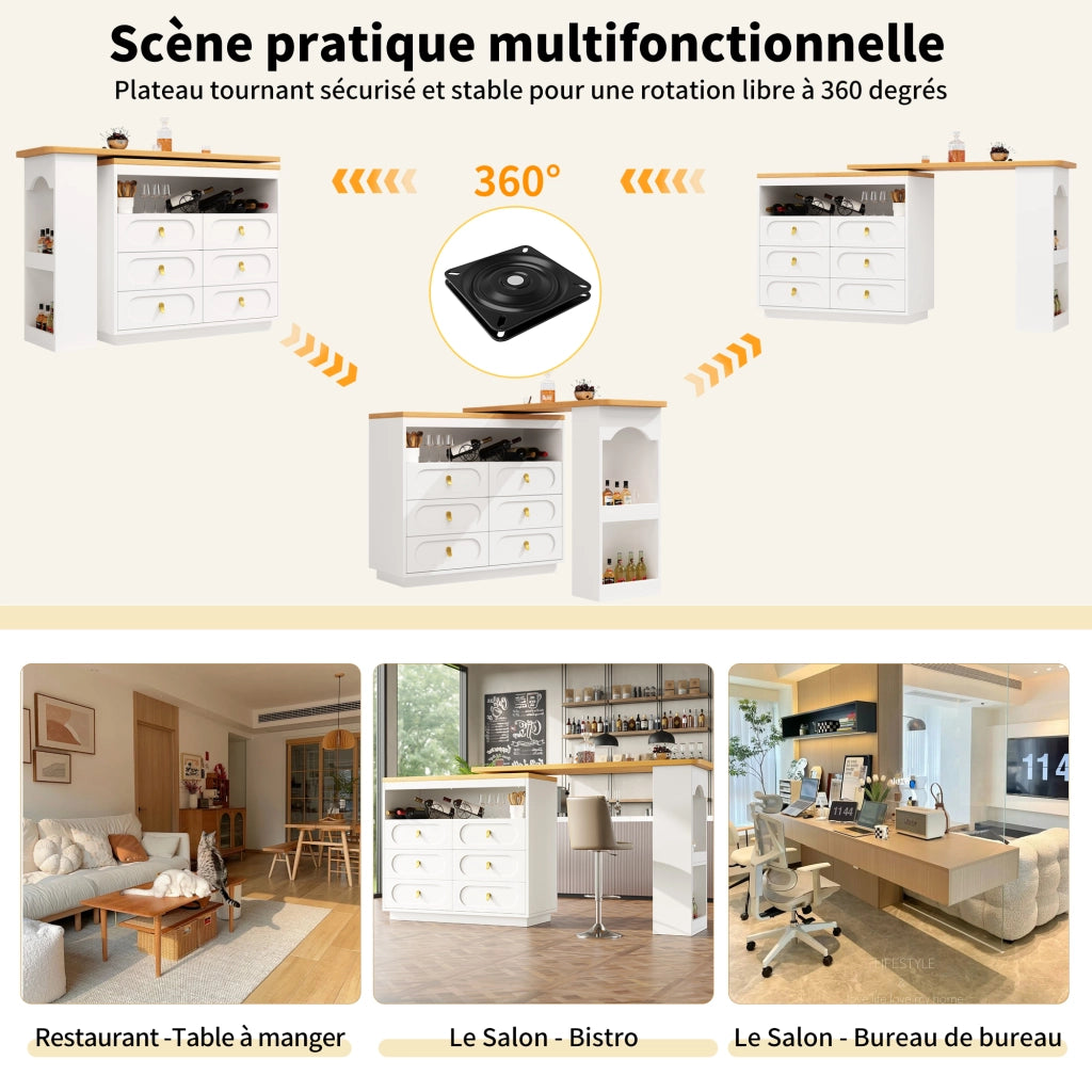 Tavolo da Pranzo con 6 Cassetti e Ripiano Laterale Girevole 360° Allungabile in MDF 137×39×90 cm Bianco