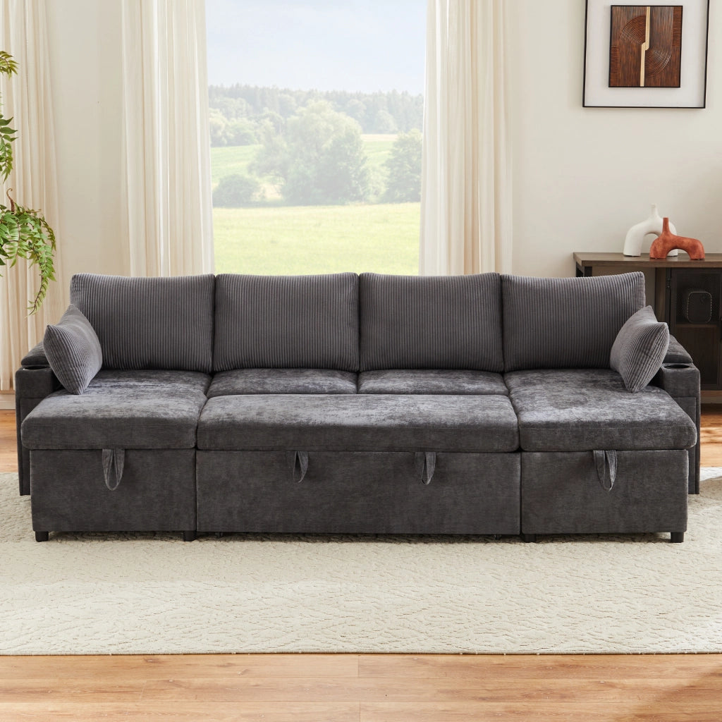 Divano a U convertibile con contenitore e portabicchieri, in ciniglia e velluto a coste grigio 272 × 131 × 84 cm