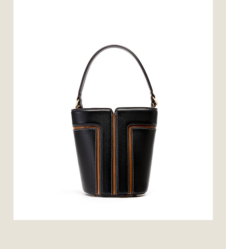 Borsa a secchiello da donna in vera pelle, borsa a tracolla nera