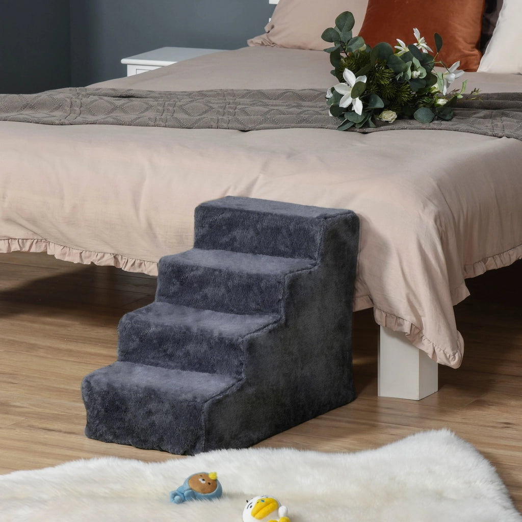 Scaletta per Cani Portatile a 4 Gradini, in Tessuto Vellutato Sfoderabile e Legno, 60x35x44 cm, Grigio Scuro