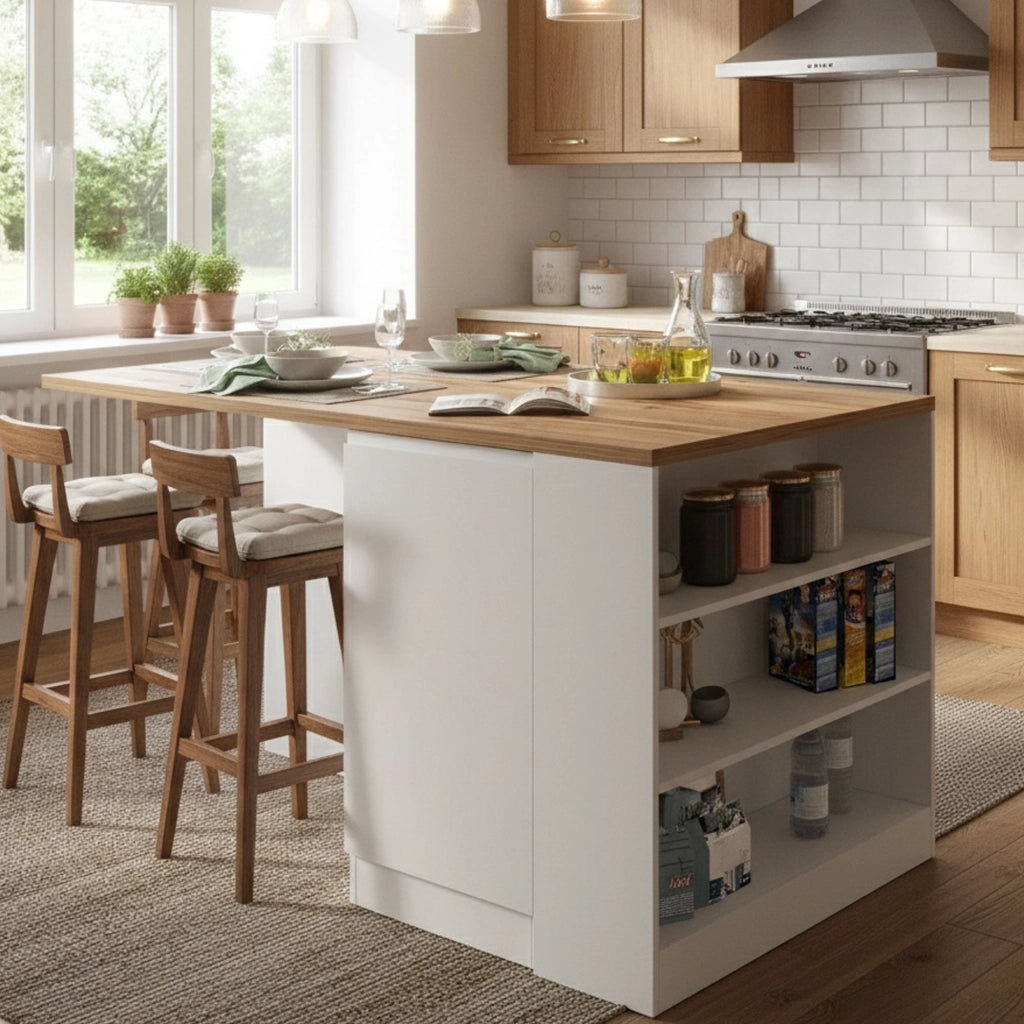 Isola da cucina Abern, Tavolo ausiliario portaoggetti, Mobile da cucina a 2 ante, 100% Made in Italy, 160x90h90 cm, Bianco lucido e Rovere